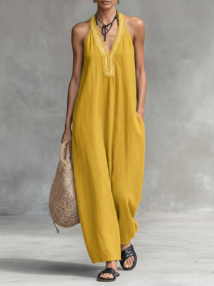 Women's Solid Color V-Neck Halter Neck Sleeveless Casual Loose Cotton Linen Wide-Leg Jumpsuit-blumpark