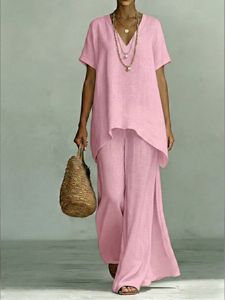 Classic Casual Short-sleeved Linen And Cotton Top And Wide-leg Pants Two-piece Set-blumpark