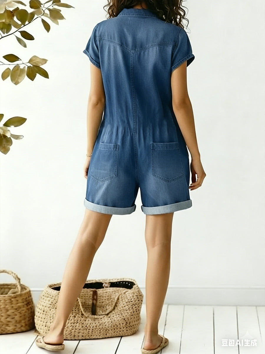 Women's Casual Cotton Denim Jumpsuit Shorts-blumpark