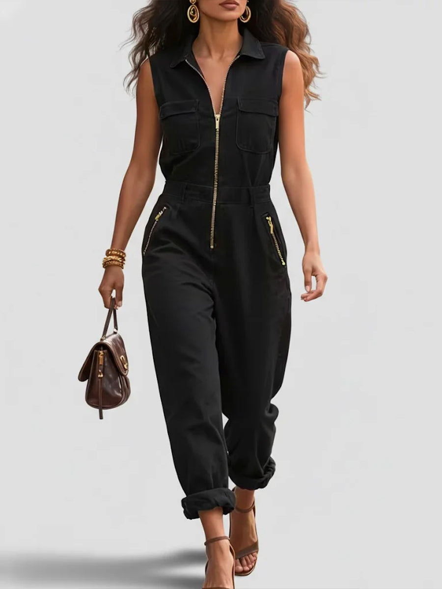 Fashionable And Casual Zippered Sleeveless Cotton Jumpsuit-blumpark