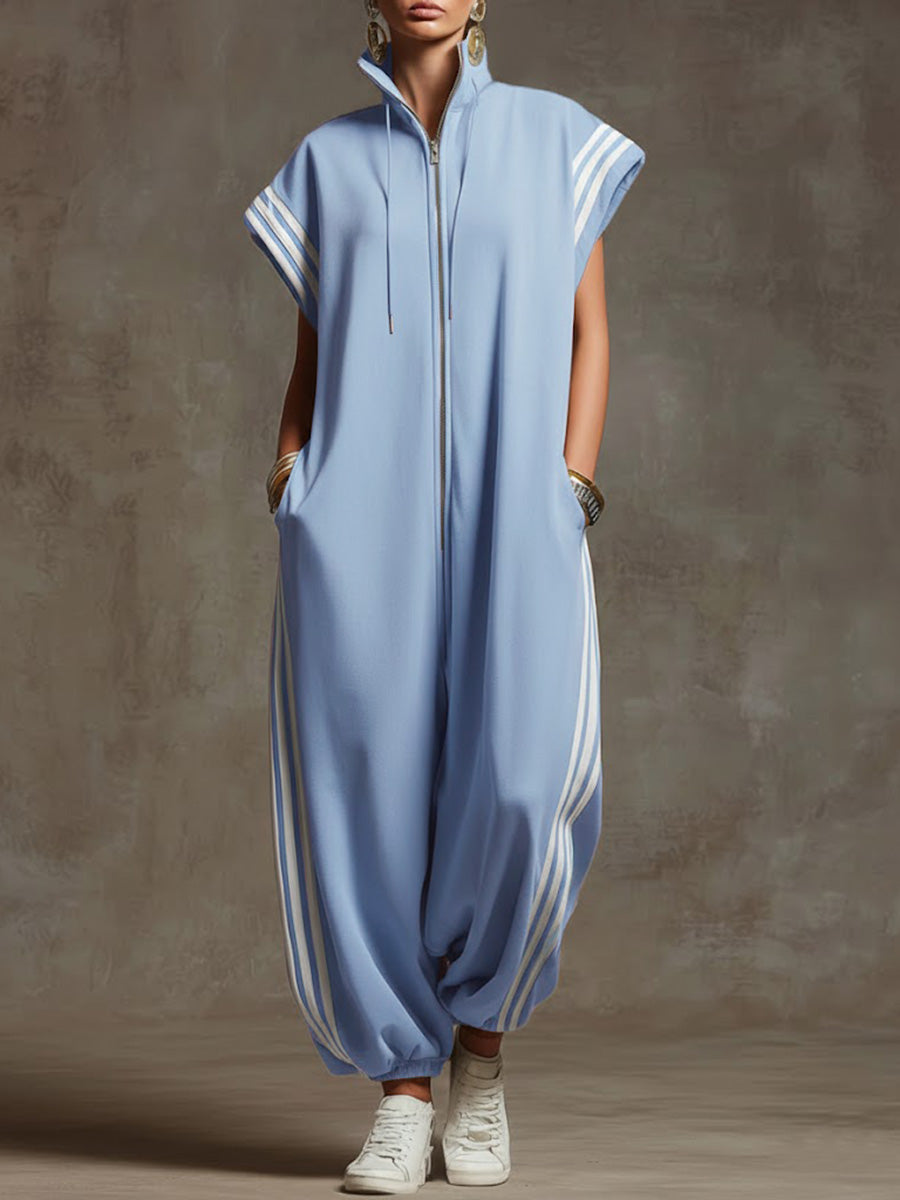 Women's Relaxed Stand-collar Short-sleeved Casual Loose Cotton Wide-leg Jumpsuit-blumpark