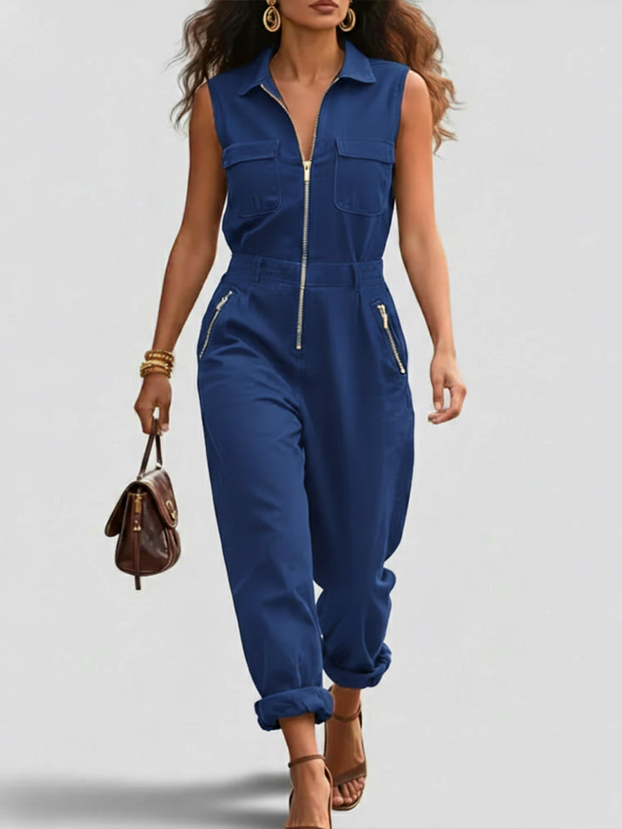 Fashionable And Casual Zippered Sleeveless Cotton Jumpsuit-blumpark
