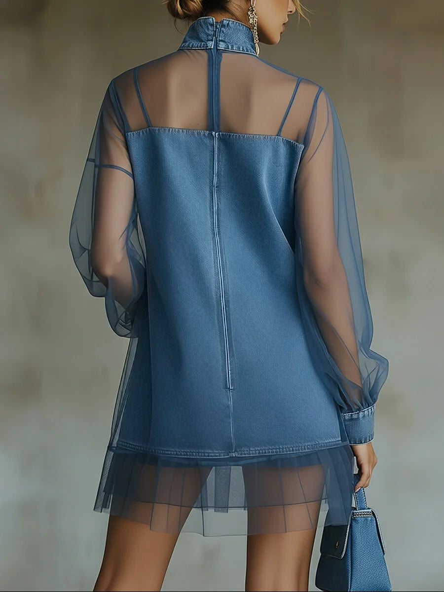 Fashionable Patchwork Organza Denim Mini Dress-blumpark