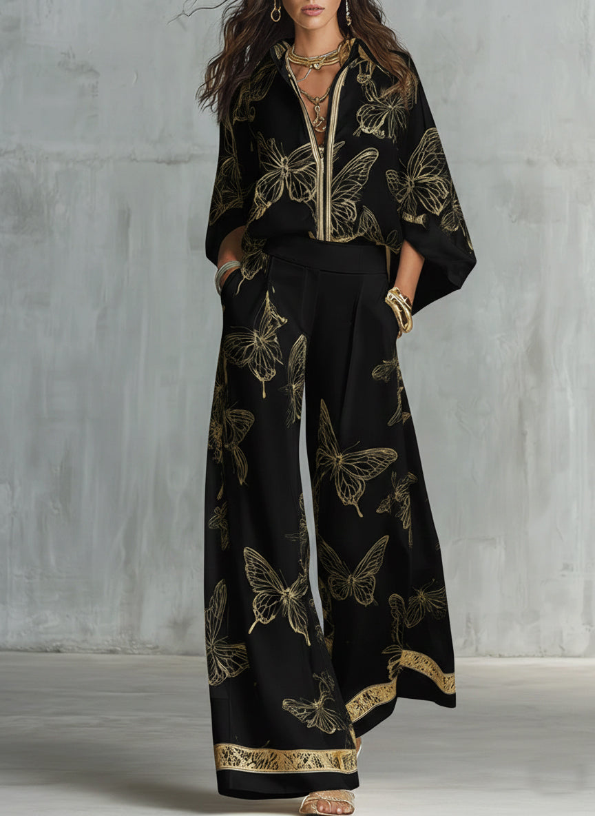 Casual Elegant Gold Butterfly Print Loose Two-piece Set-blumpark