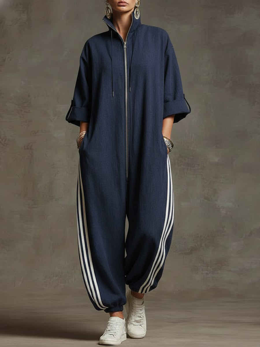 Women's Stand-collar 3/4 Sleeve Casual Loose Hooded Linen Jumpsuit-blumpark