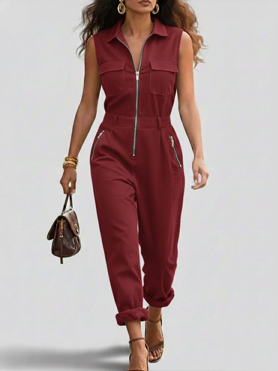 Fashionable And Casual Zippered Sleeveless Cotton Jumpsuit-blumpark