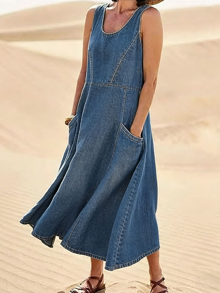 Women's Round Neck Sleeveless Casual Loose Denim Vest Dress-blumpark