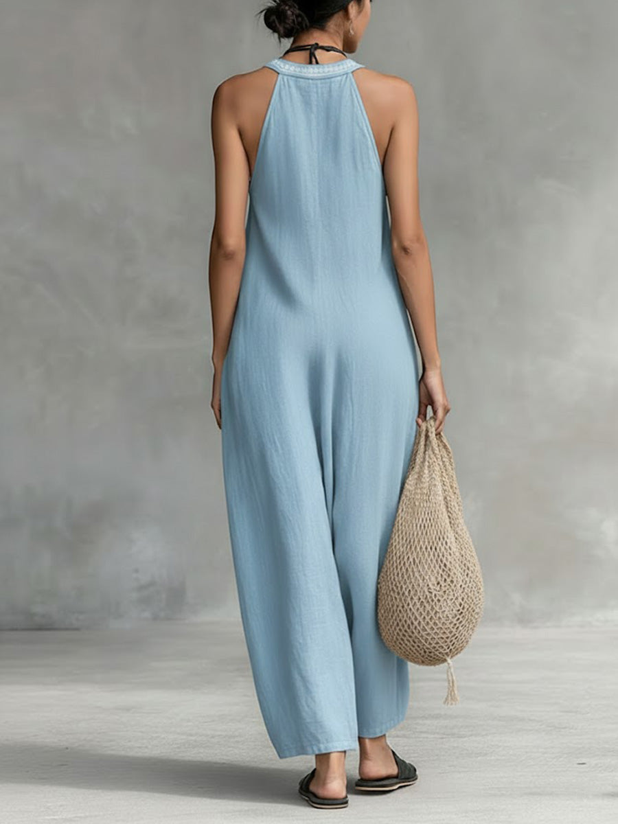 Women's Solid Color V-Neck Halter Neck Sleeveless Casual Loose Cotton Linen Wide-Leg Jumpsuit-blumpark