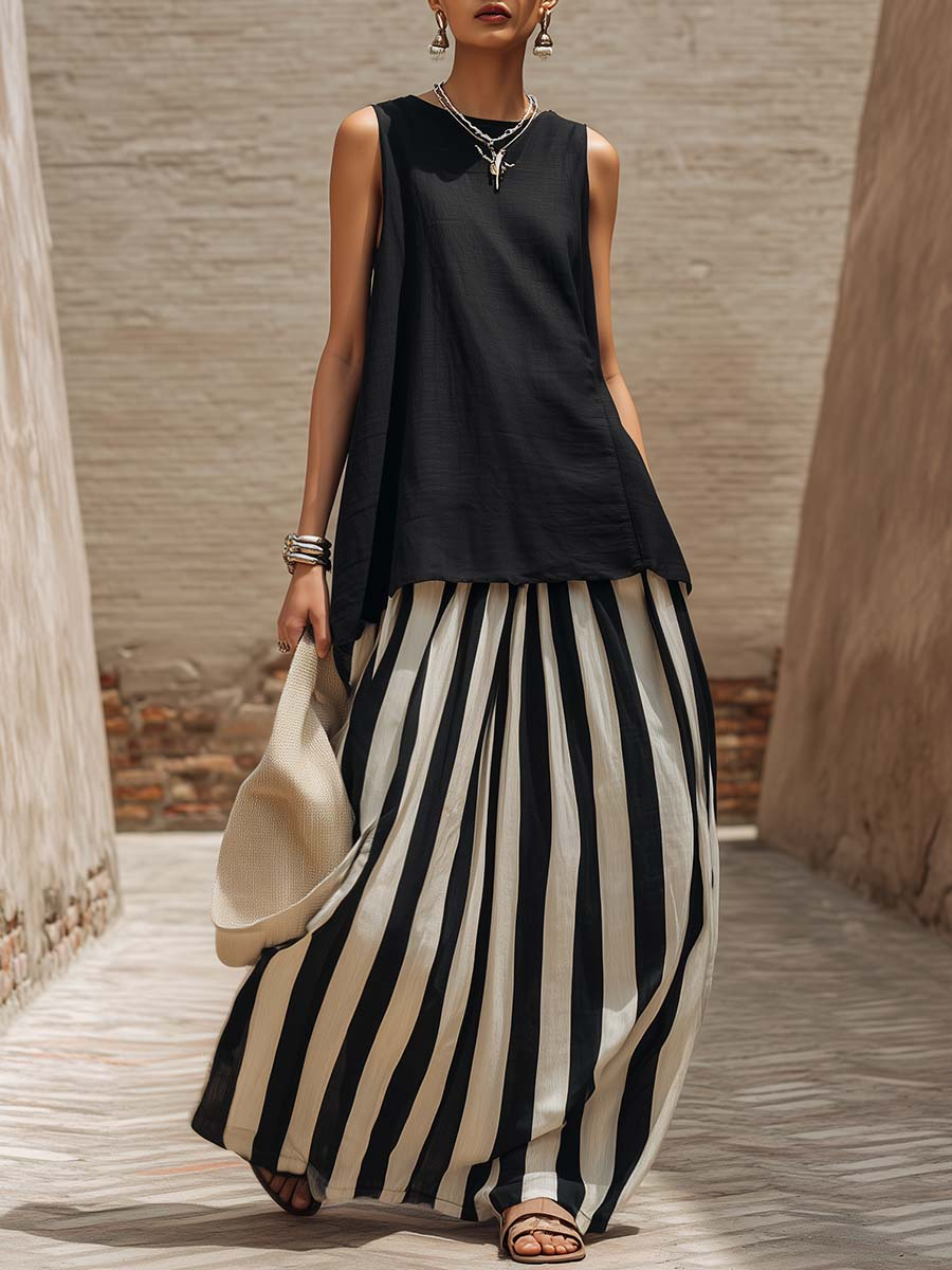 Vacation Cozy Top And Artistic Striped Skirt Linen Cotton Two-piece Set-blumpark