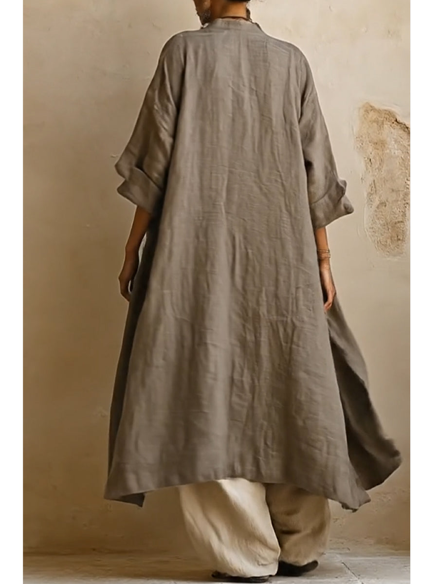 Casual Bohemian Linen And Cotton Long Cardigan And Sleeveless Top And Pants Three-piece Set-blumpark