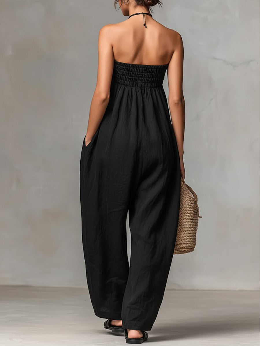 Women's Solid Color Strapless Casual Loose Cotton And Linen Jumpsuit-blumpark