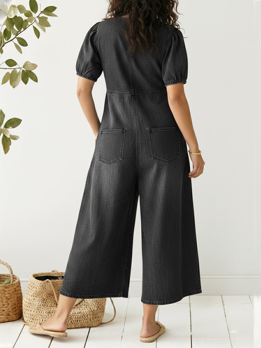 Women's Casual Loose Short-sleeved V-neck Denim Jumpsuit-blumpark