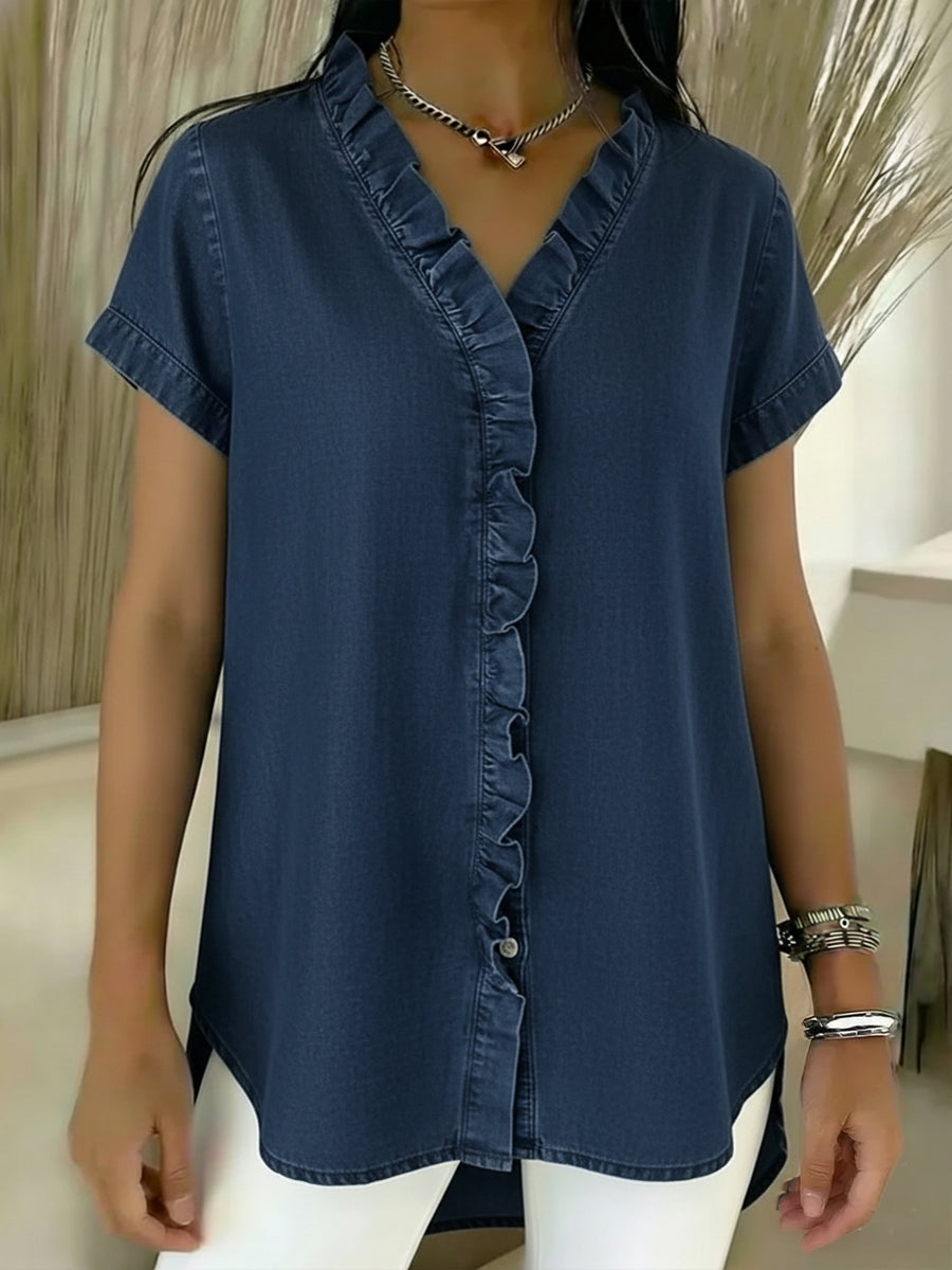 Casual Short-sleeved Denim Shirt With Ruffled Details.-blumpark