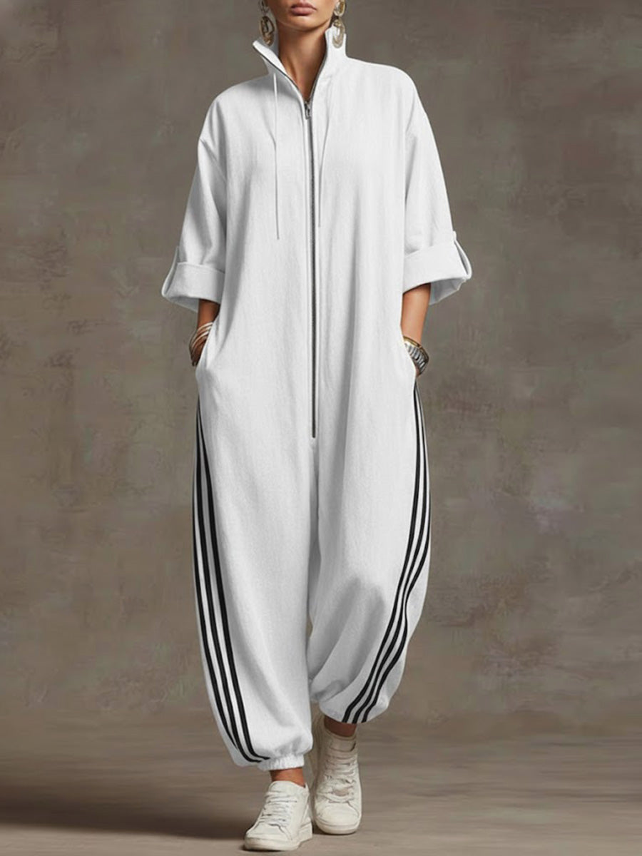 Women's Stand-collar 3/4 Sleeve Casual Loose Hooded Linen Jumpsuit-blumpark