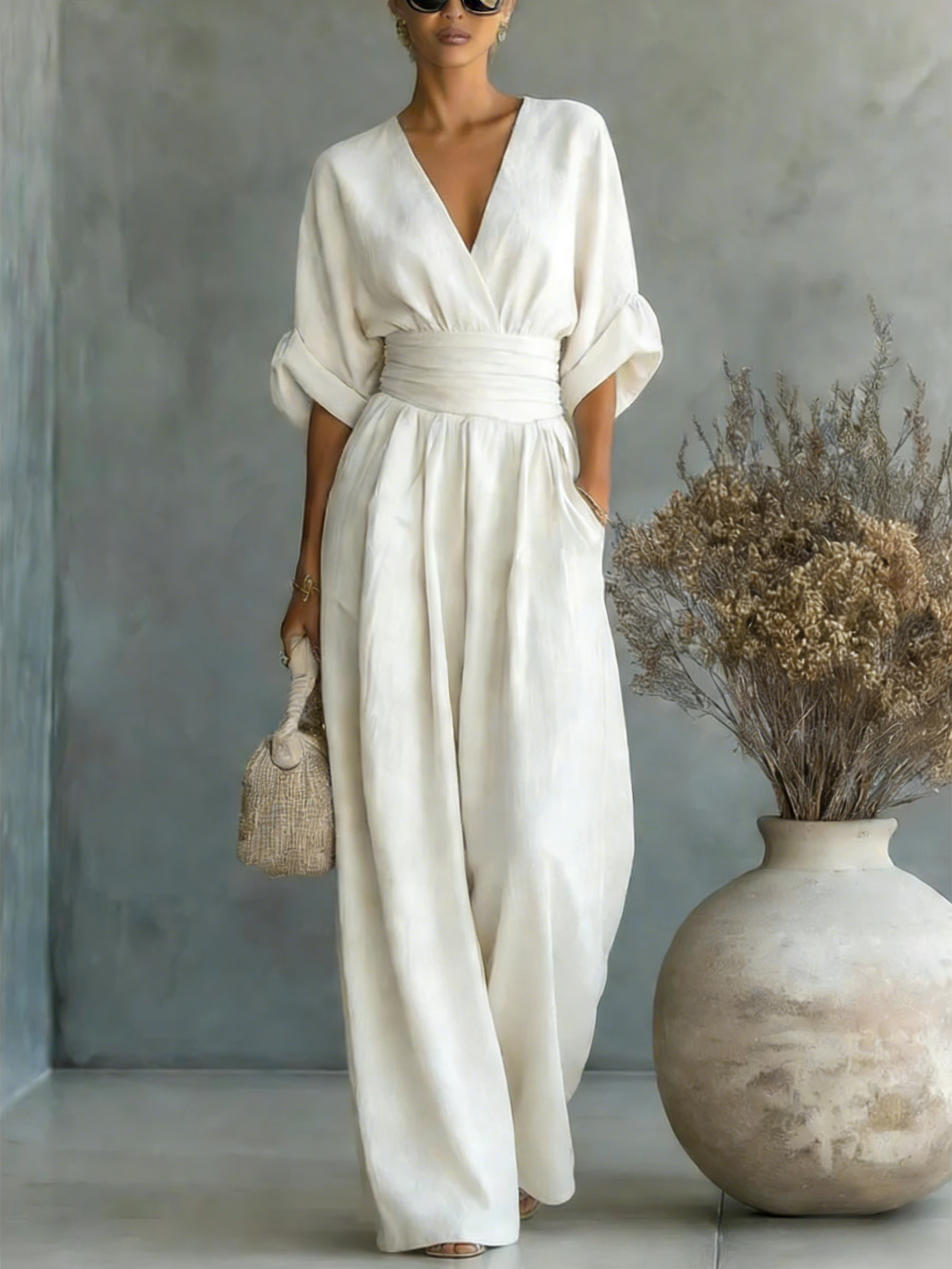 Elegant Vacation Casual Fashion V-neck Waist Jumpsuit-blumpark