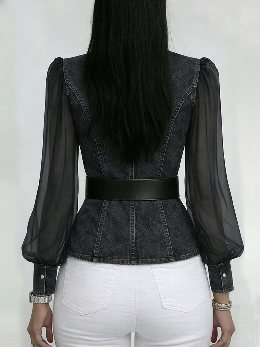 Elegant, Slim-fitting Denim Top With Organza Sleeves.-blumpark