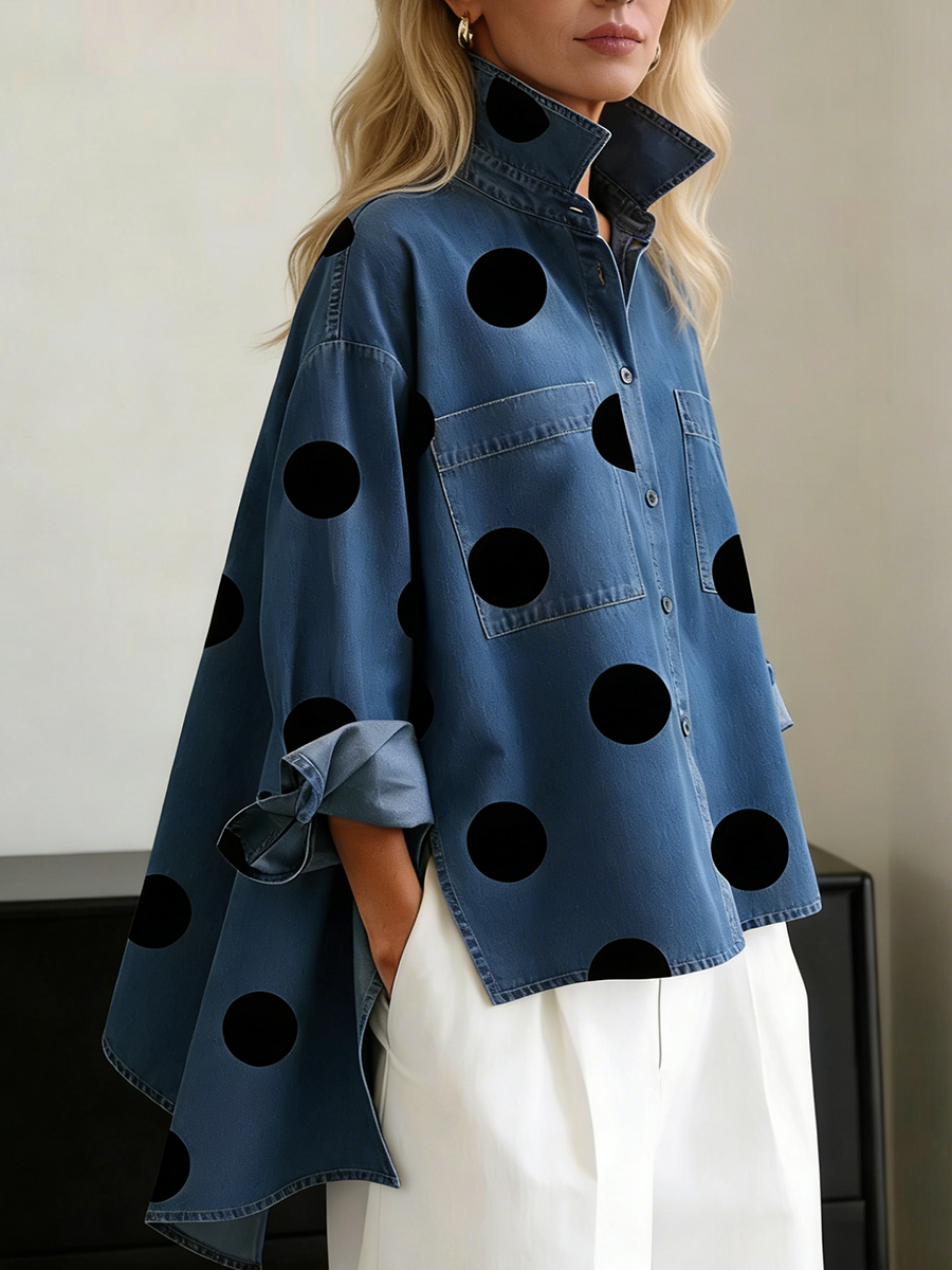 Elegant Artistic Polka Dot Print Stand-collar Denim Top-blumpark