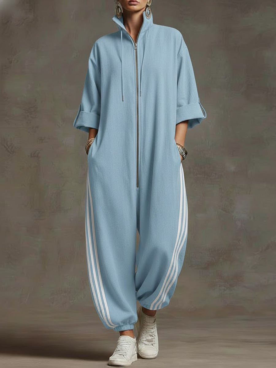 Women's Stand-collar 3/4 Sleeve Casual Loose Hooded Linen Jumpsuit-blumpark