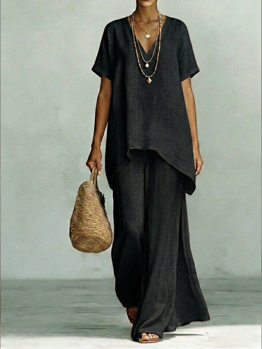 Classic Casual Short-sleeved Linen And Cotton Top And Wide-leg Pants Two-piece Set-blumpark