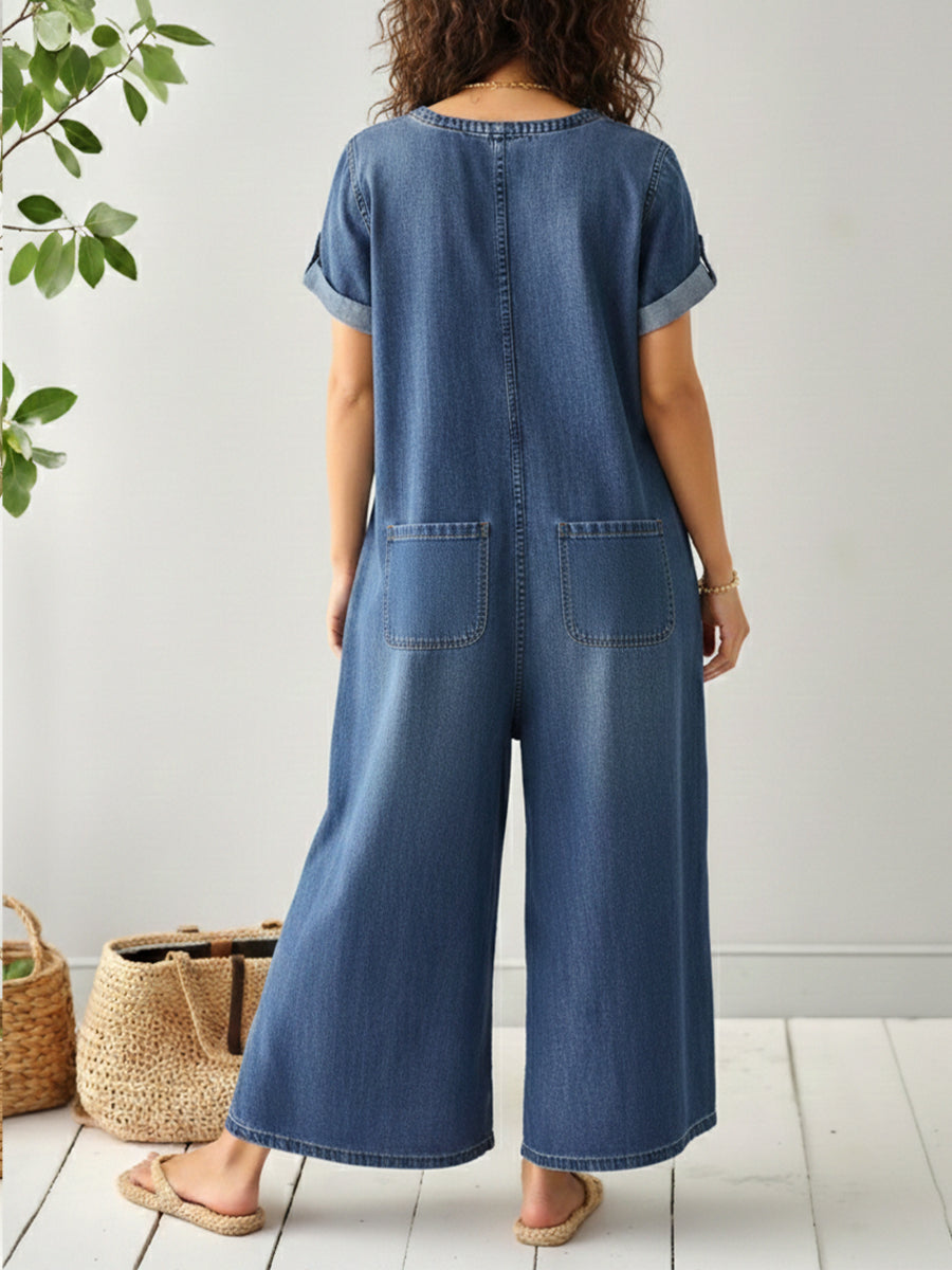 Women's Casual Loose Short-sleeved Denim Jumpsuit-blumpark