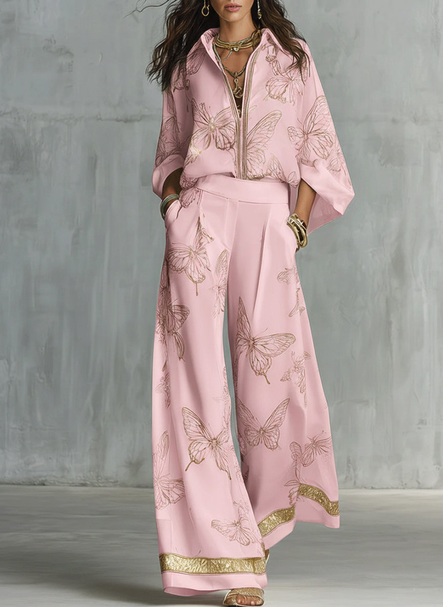 Casual Elegant Gold Butterfly Print Loose Two-piece Set-blumpark