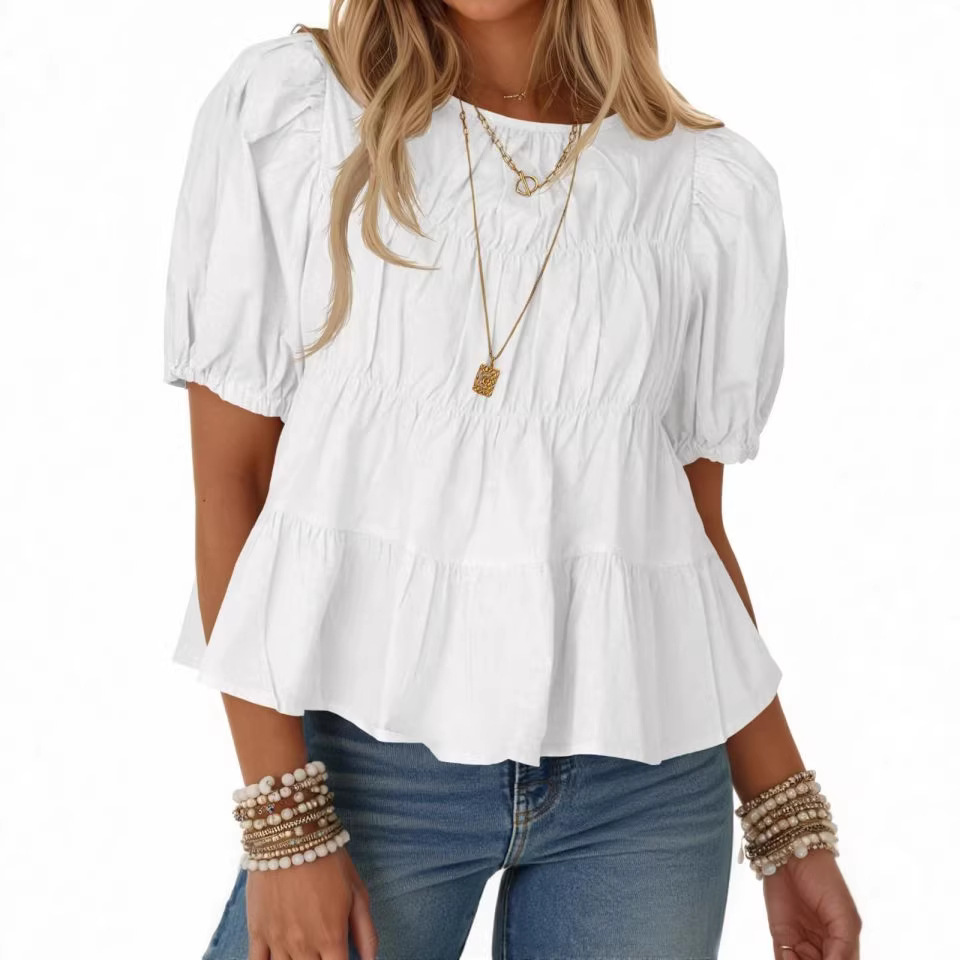 Tiered Round Neck Puff Sleeve Ruched Blouse-blumpark