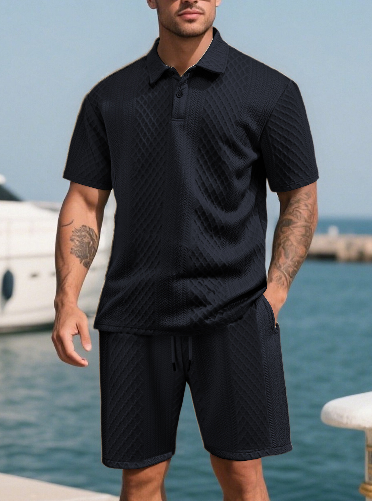 Men's Solid Polo Shirt & Drawstring Waist Shorts Set-blumpark