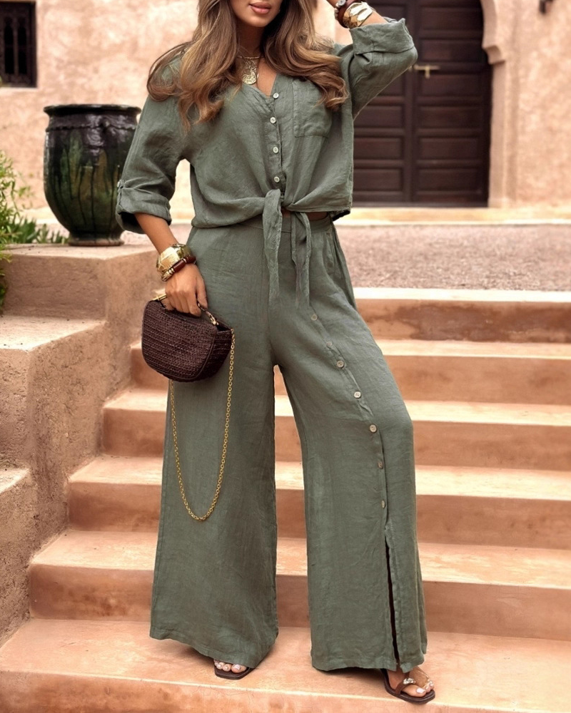Casual Tie Front Shirt Wide Leg Pants Two Piece Set-blumpark