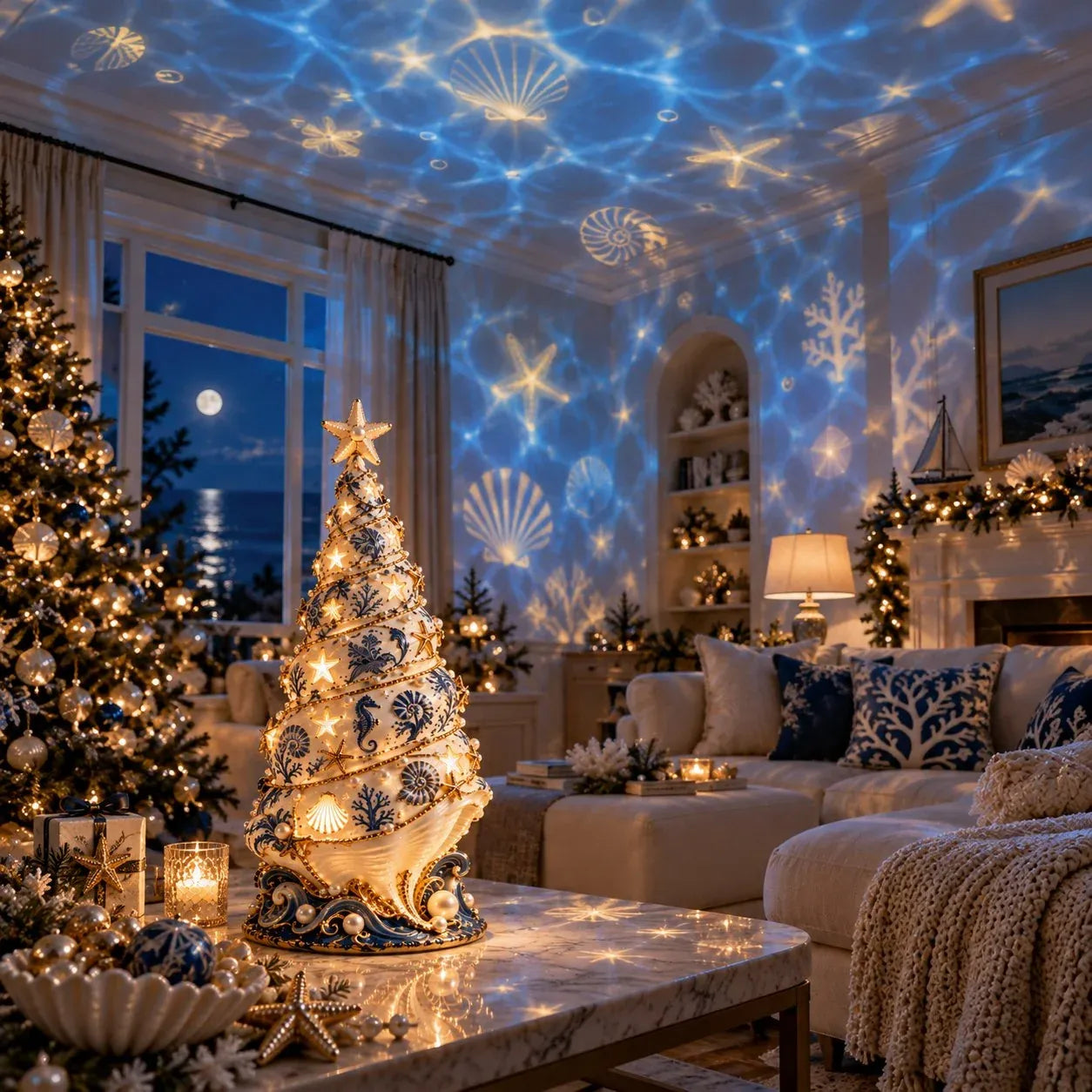 🌊 Coastal Christmas Seashell Tree Projection Lamp | Warm Glow & Ocean-Inspired Holiday Projection ✨