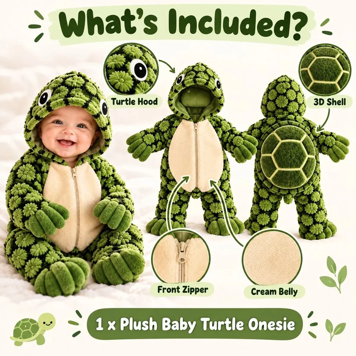Turtle baby onesie details