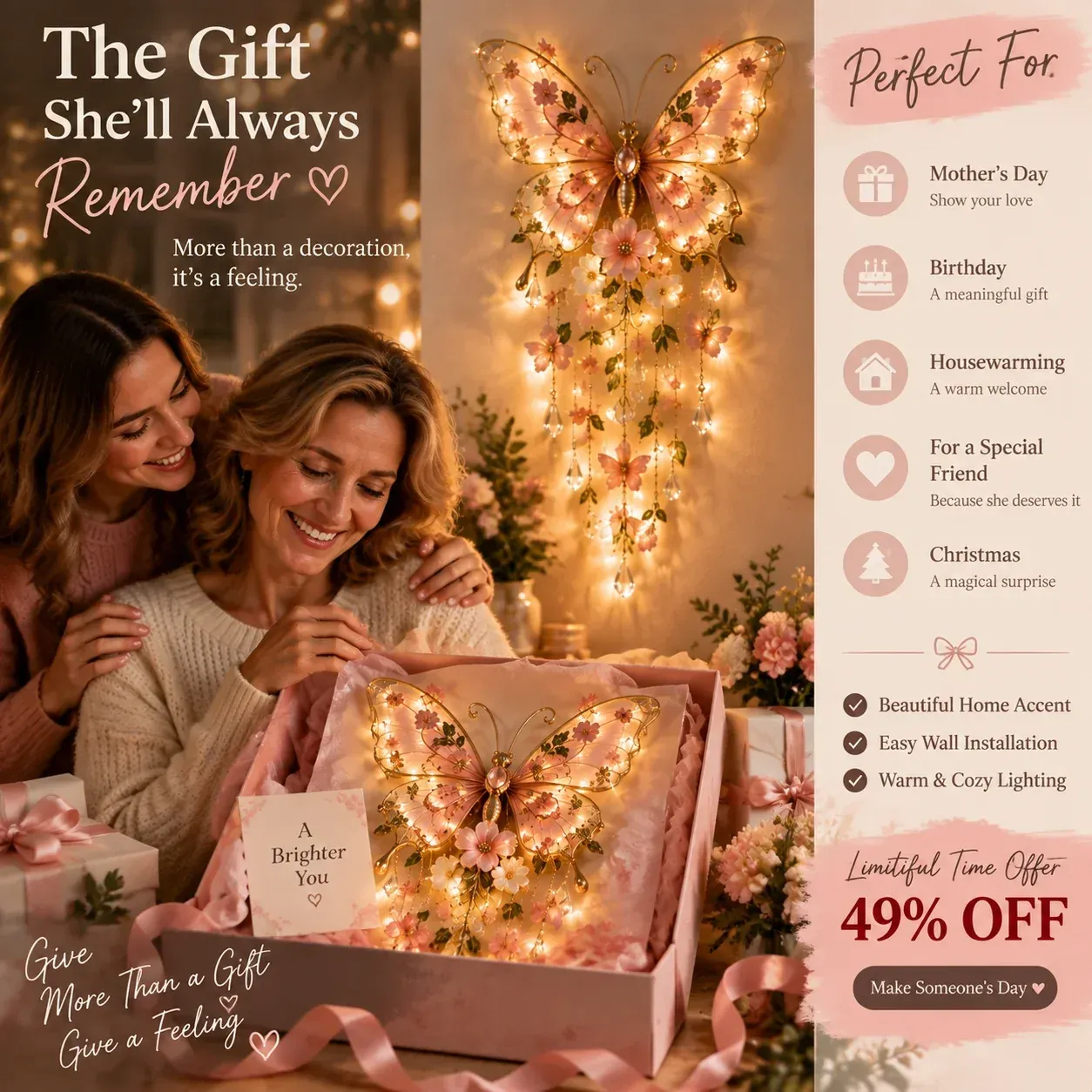 🦋 Butterfly Garden Glow– Romantic Floral Wall Light with Warm Ambient Illumination & Crystal Accents