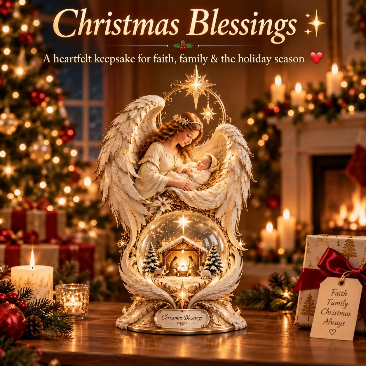 Heavenly Noel Nativity tabletop décor glowing in a peaceful Christmas room