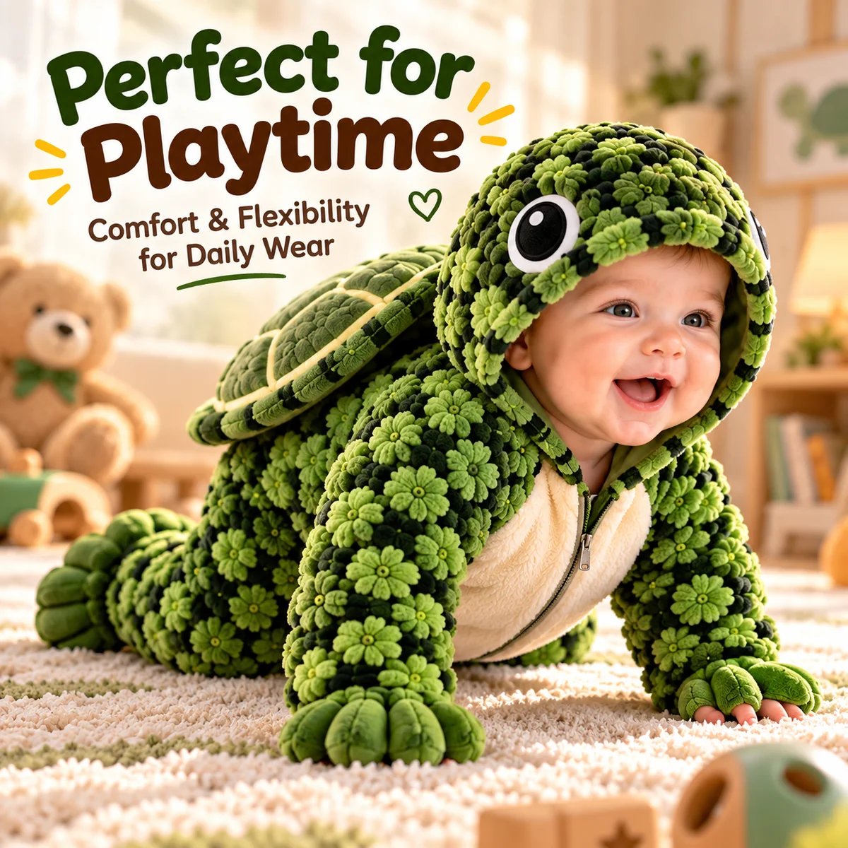 Baby playing in turtle onesie