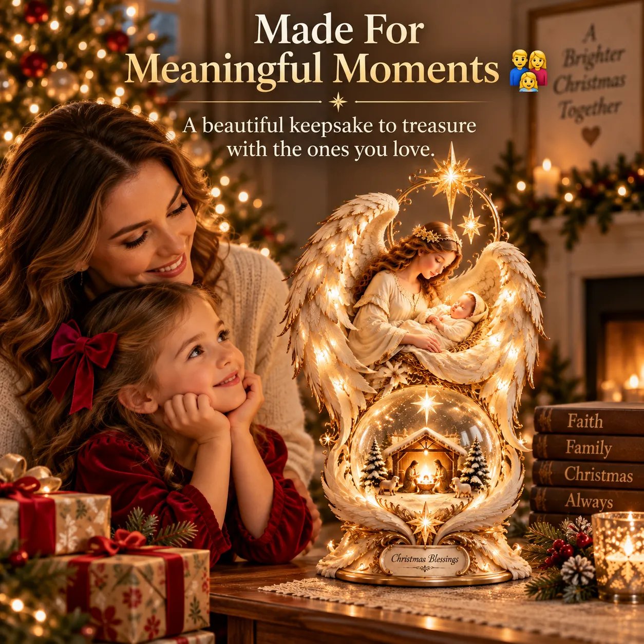 Detailed angel-wing Nativity tabletop decoration with gold accents and cascading stars