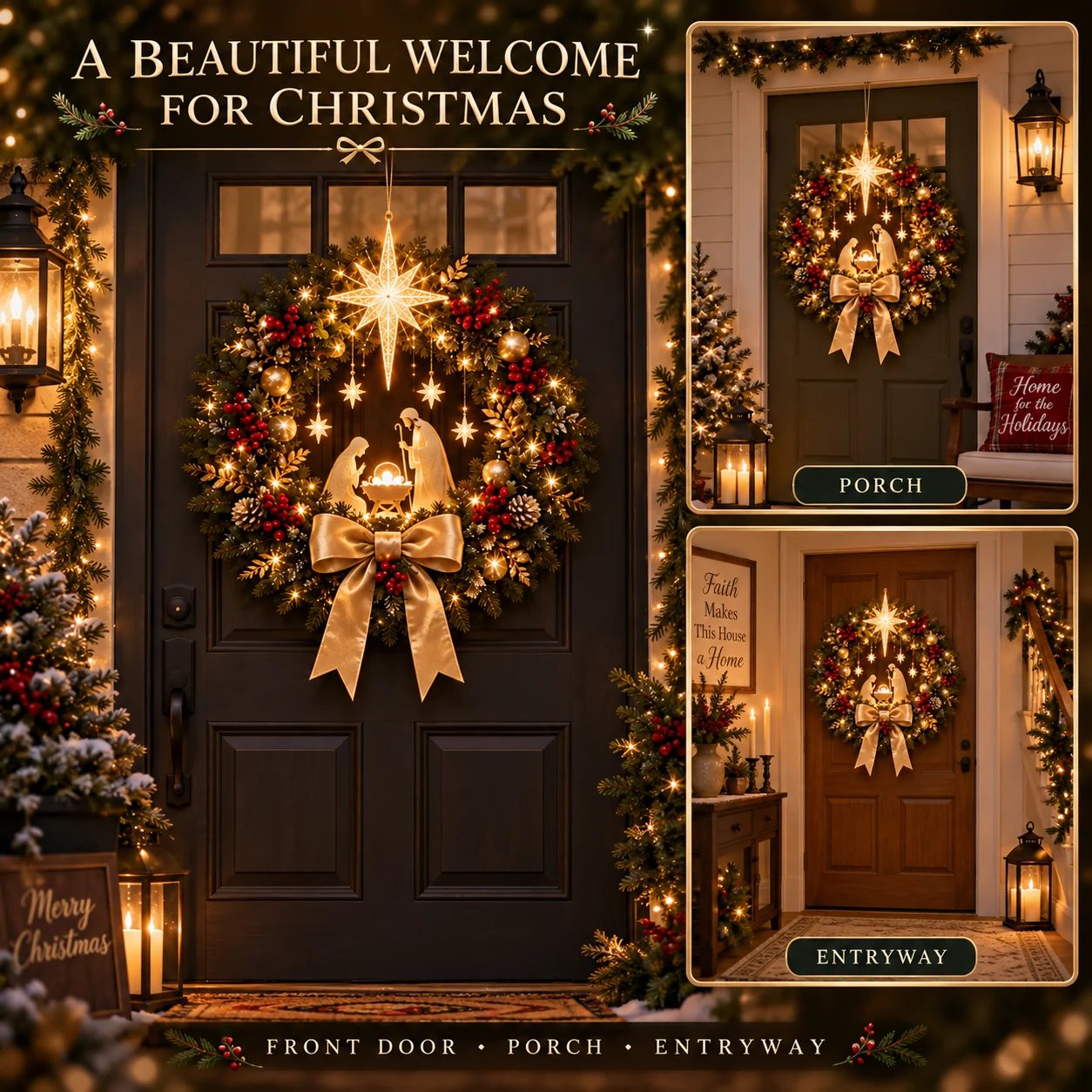  Lighted Nativity Christmas Wreath – Bethlehem Star Front Door Decor
