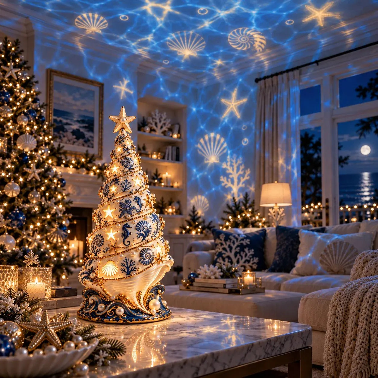 🌊 Coastal Christmas Seashell Tree Projection Lamp | Warm Glow & Ocean-Inspired Holiday Projection ✨