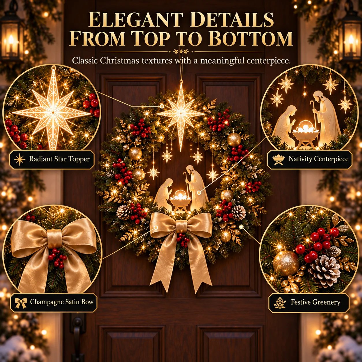  Lighted Nativity Christmas Wreath – Bethlehem Star Front Door Decor