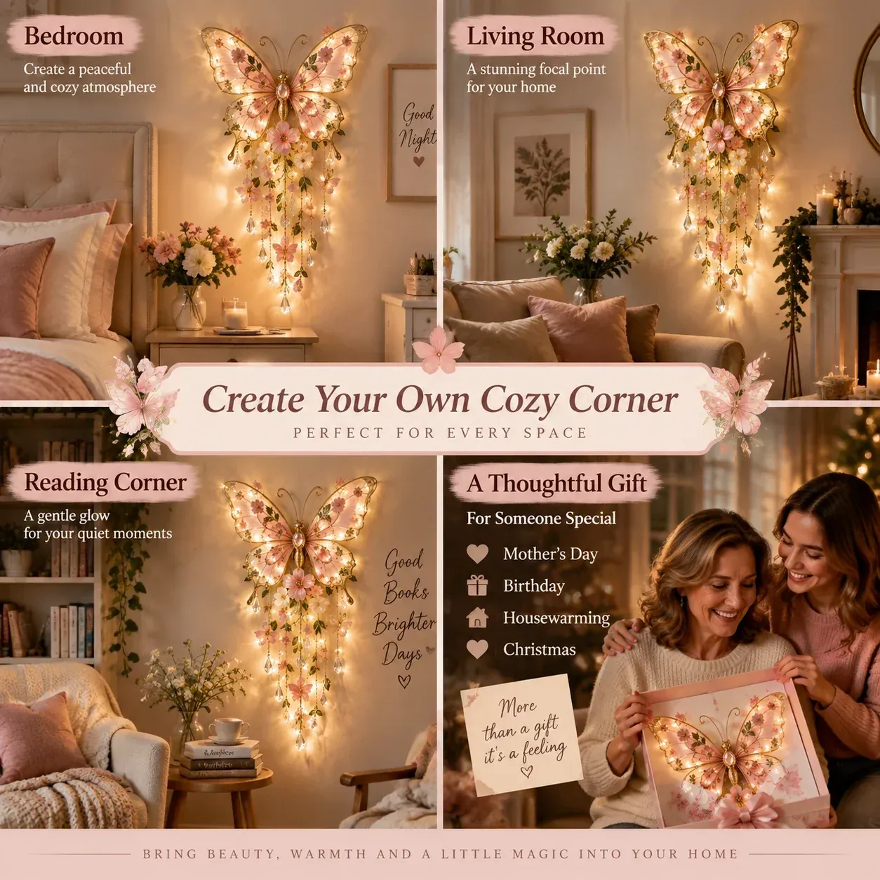 🦋 Butterfly Garden Glow– Romantic Floral Wall Light with Warm Ambient Illumination & Crystal Accents