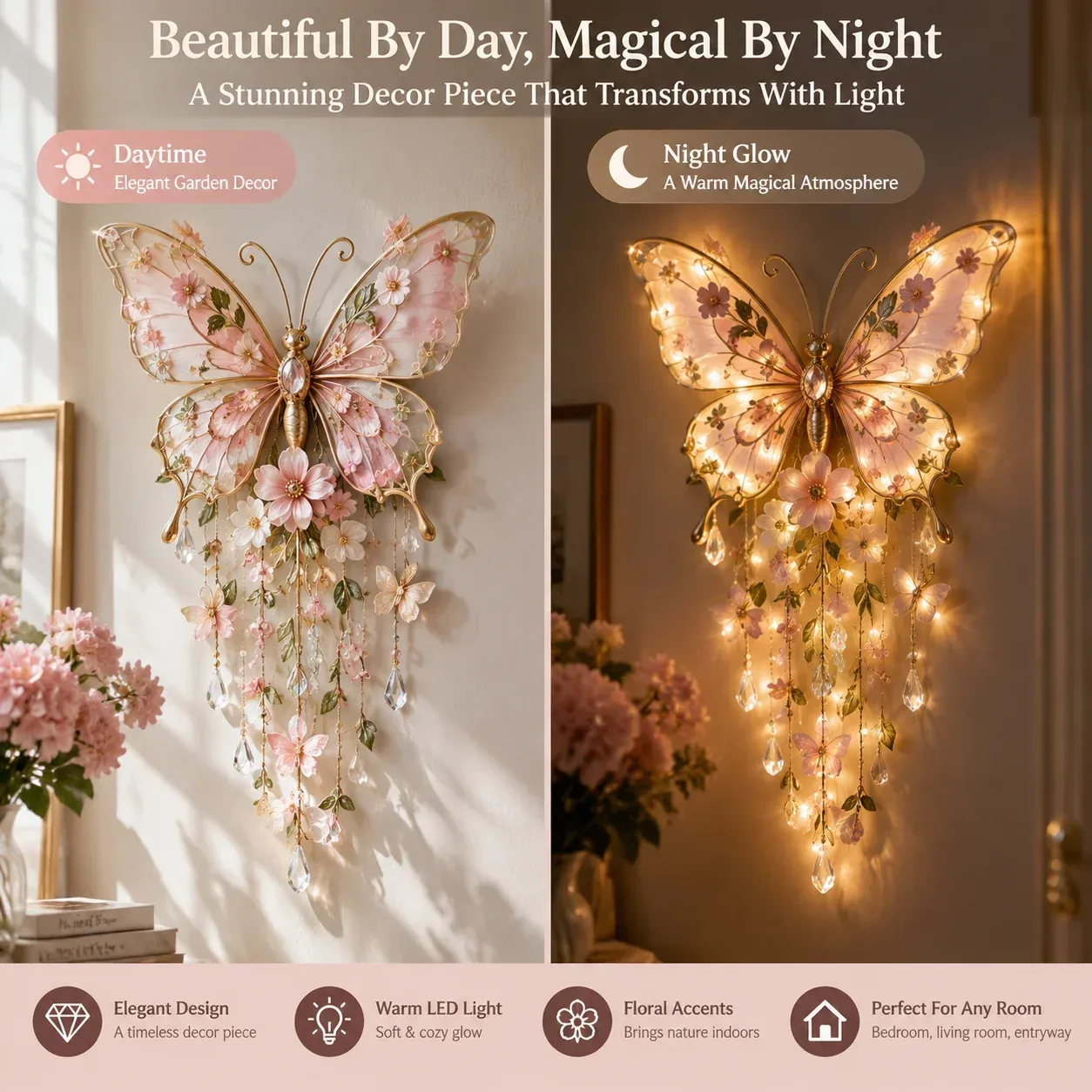 🦋 Butterfly Garden Glow– Romantic Floral Wall Light with Warm Ambient Illumination & Crystal Accents