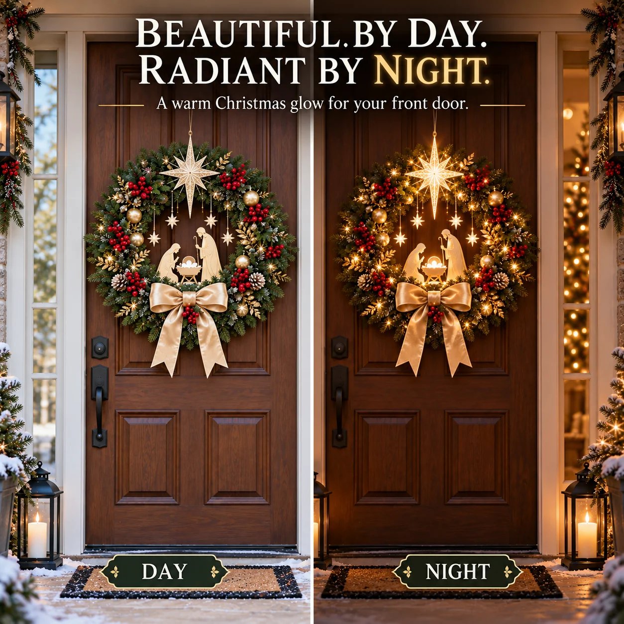  Lighted Nativity Christmas Wreath – Bethlehem Star Front Door Decor