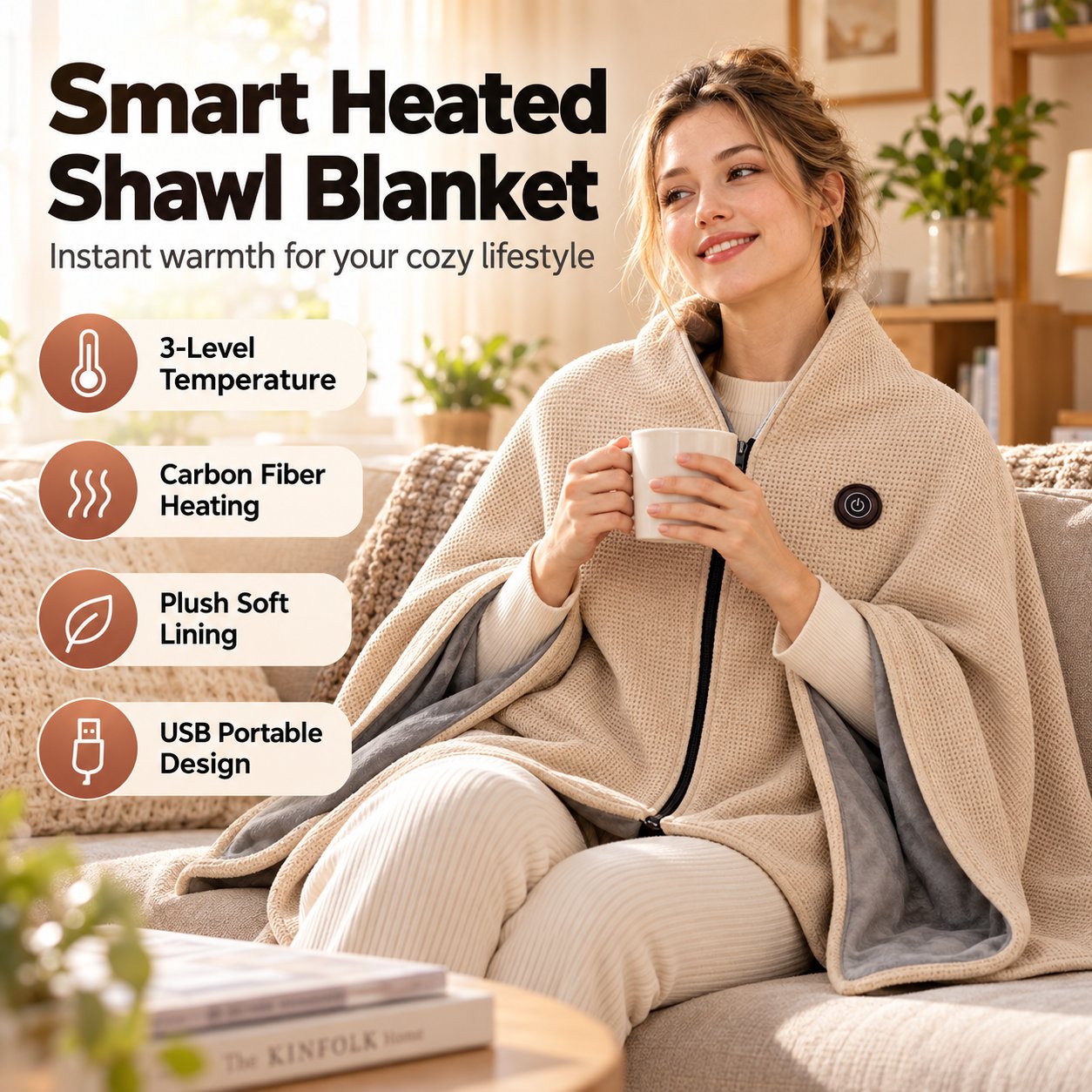 USB Rechargeable Heated Shawl Blanket with 3-Level Temperature Control