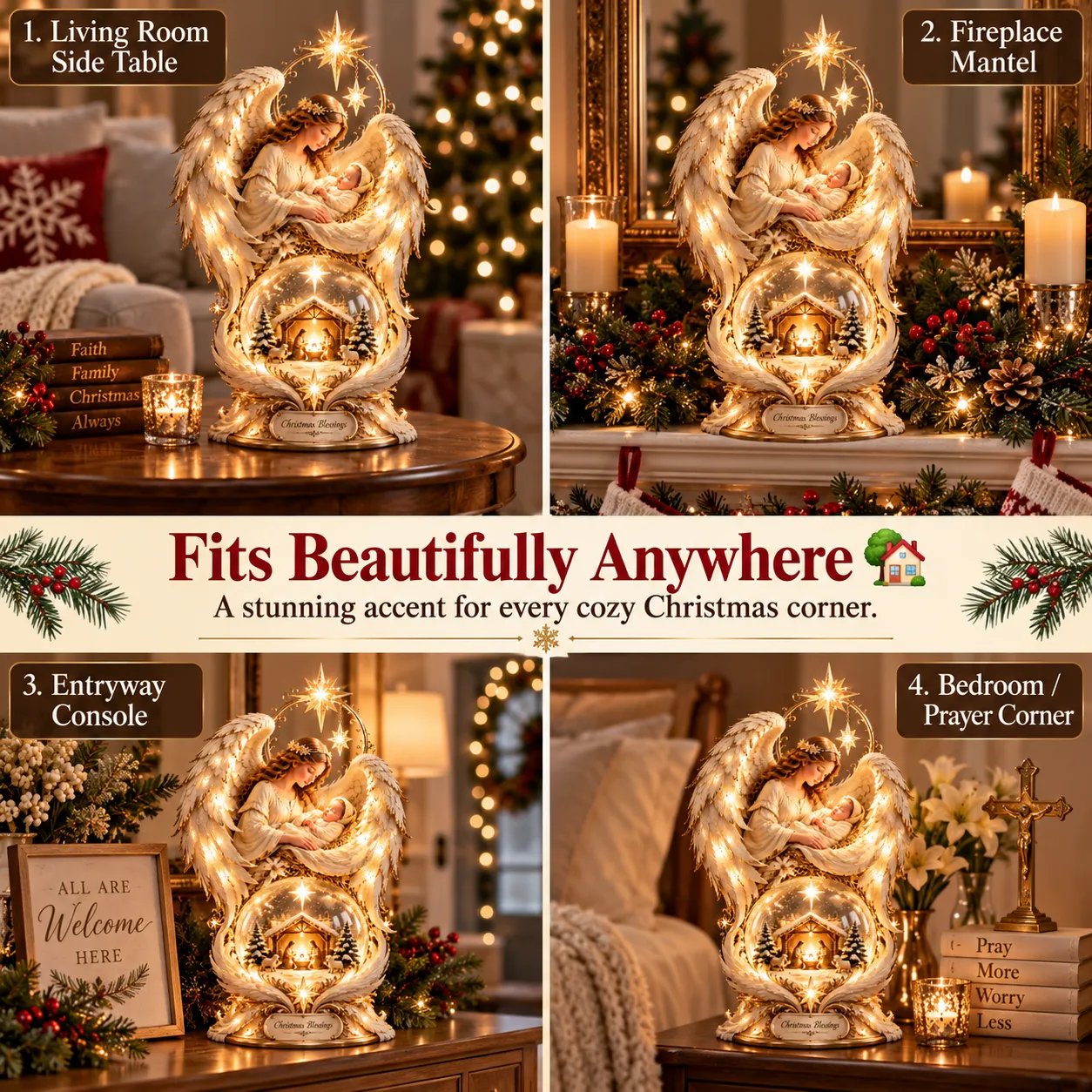 Nativity tabletop décor styled in a warm family Christmas setting