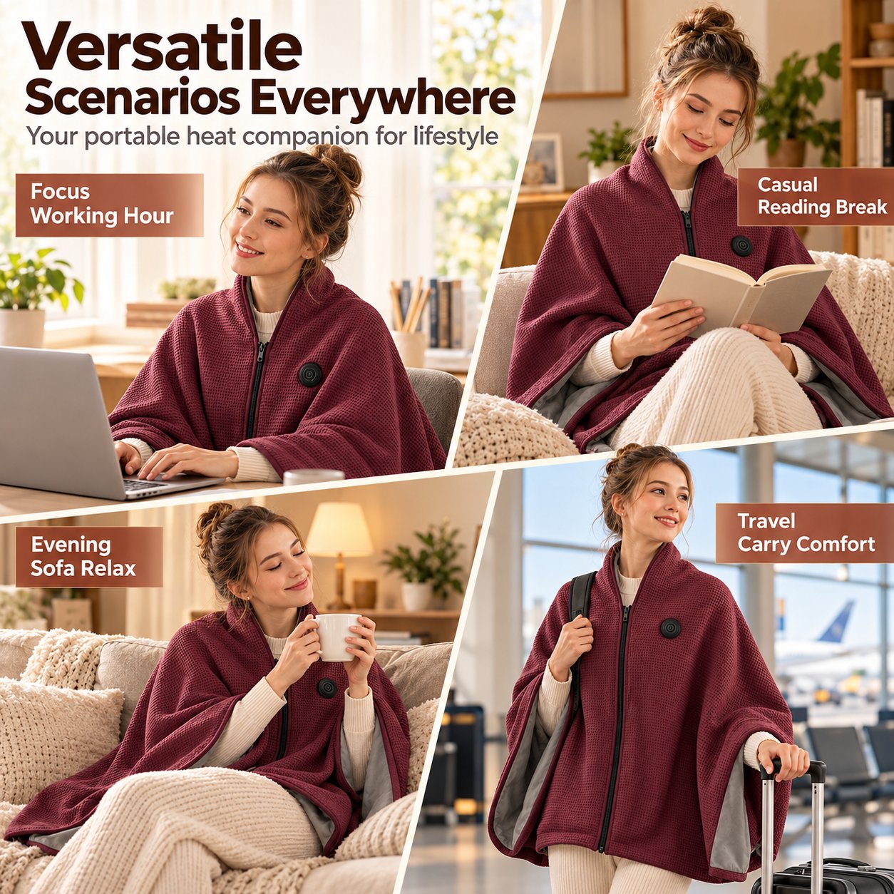 USB Rechargeable Heated Shawl Blanket with 3-Level Temperature Control