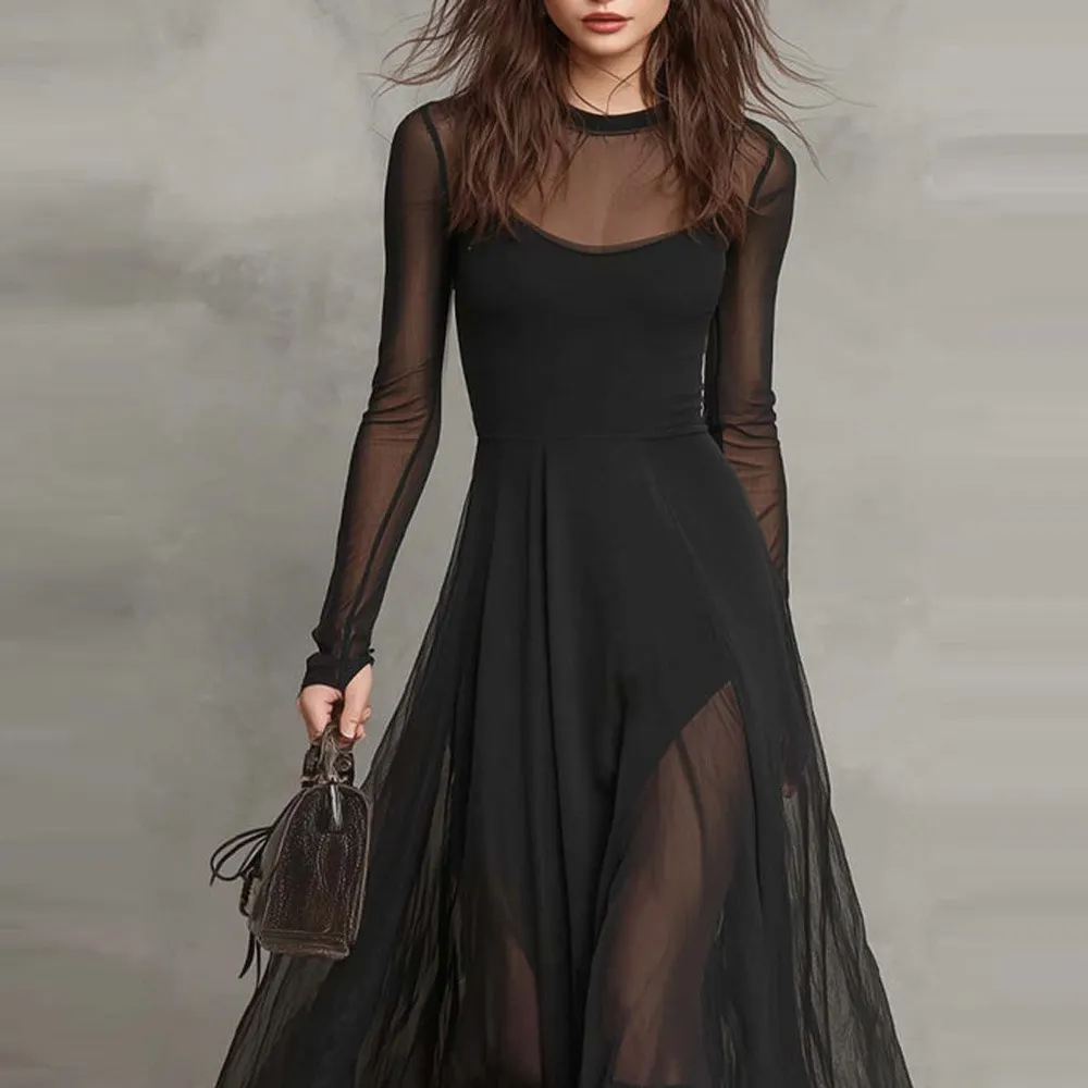 Black Tulle Patchwork Loose-fitting Maxi Dress
