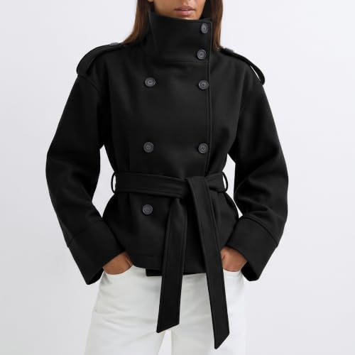 Belted Cropped Pea Coats for Women Fall Winter Funnel Neck Jacket