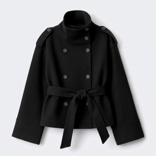 Belted Cropped Pea Coats for Women Fall Winter Funnel Neck Jacket