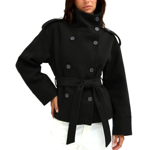 Belted Cropped Pea Coats for Women Fall Winter Funnel Neck Jacket