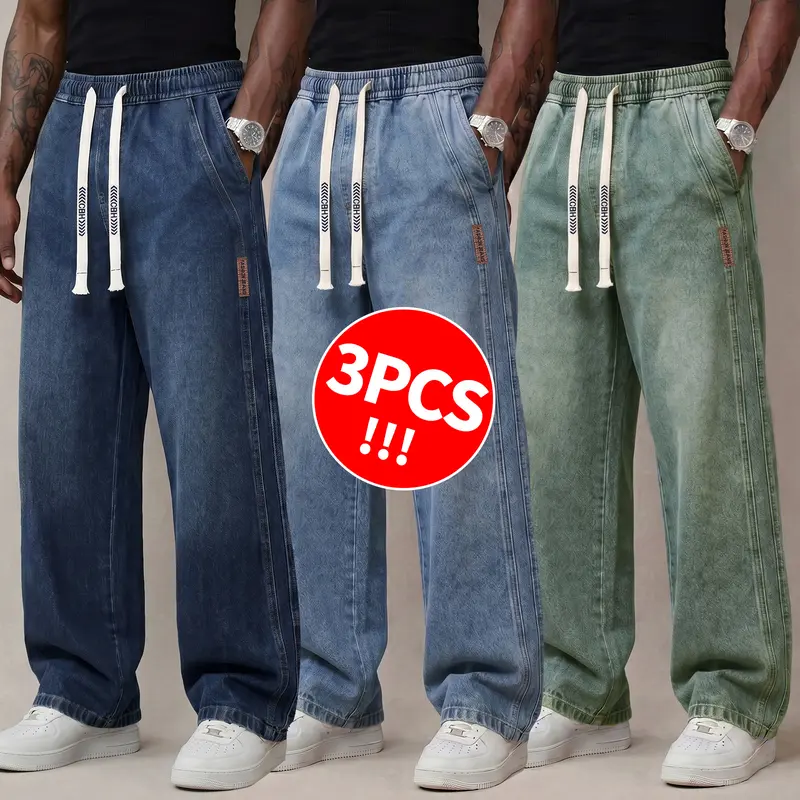 Men's Stretch Cotton Drawstring Jeans, Loose Fit Ankle