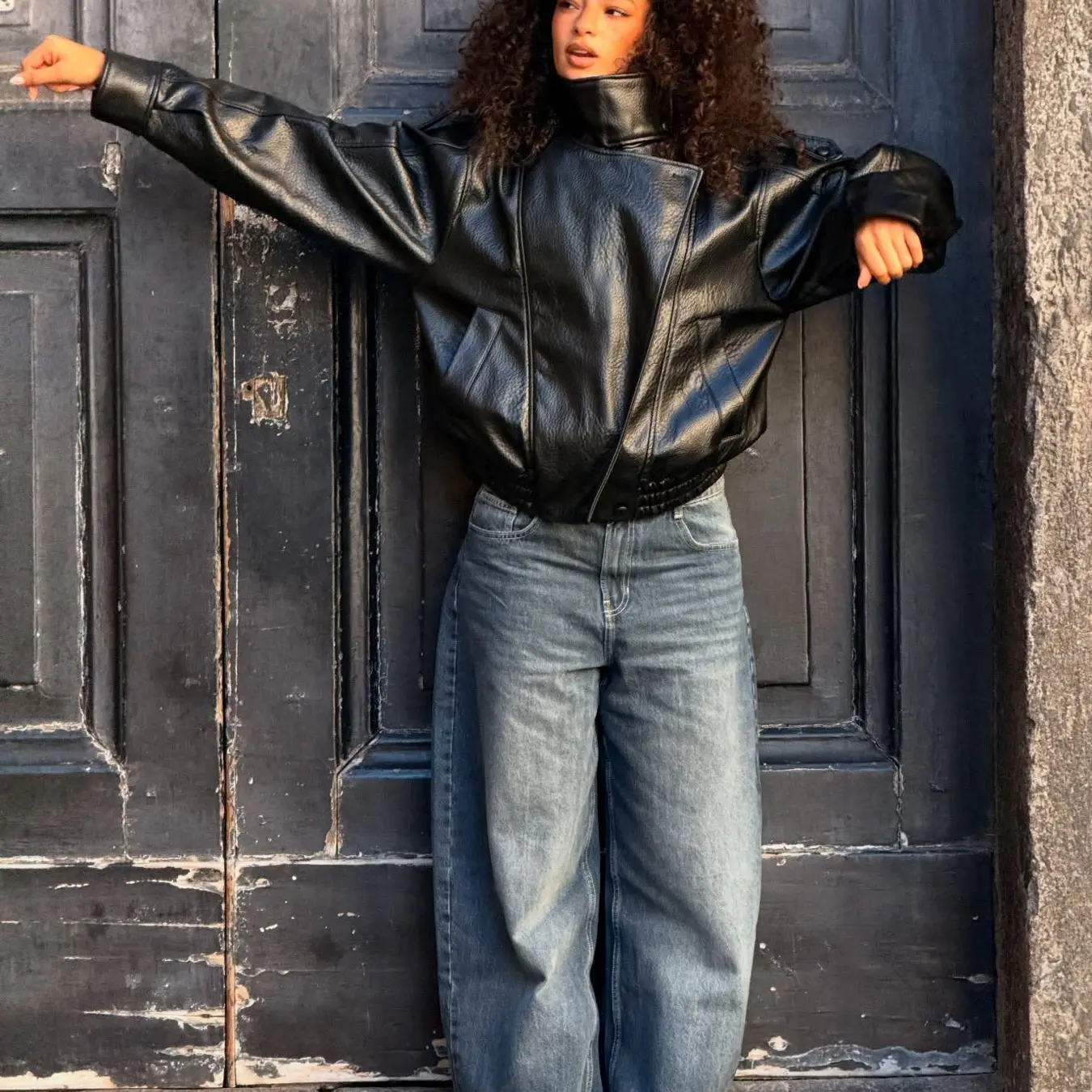 Women's Faux Leather Stand Collar Jacket