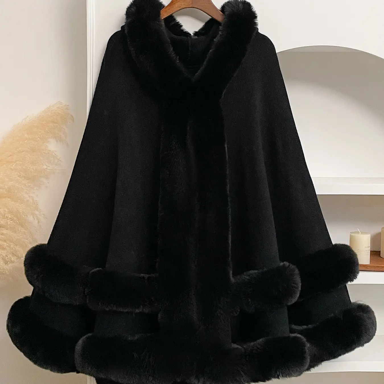 Luxury Faux Fur Hooded Cape Shawl for Women